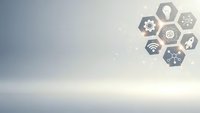 Modern technology hexagonal icons floating over cloudy sky background representing digital innovation, connectivity and smart solutions for business.