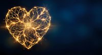 Golden wireframe heart with glowing light effects on dark blue background for romantic designs and Valentine's Day projects.