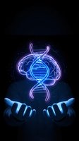 Glowing DNA double helix emerging from human brain with hands reaching upward against dark background representing genetic research and neuroscience innovation.