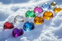 Colorful glass gems arranged in curved line on fresh white snow with sparkling bokeh effect and soft winter lighting, creating magical seasonal decoration.