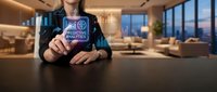 Businesswoman in dark suit holding smartphone displaying predictive analytics icon in modern office with city skyline view, representing data-driven business intelligence and technology solutions.