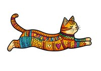 Decorative cat with ornamental ethnic pattern in bright colors on white background, isolated design element for prints and crafts.