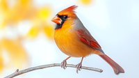 Male Northern Cardinal perched on branch against soft golden bokeh background, vibrant orange-red plumage and distinctive crest displayed in side profile.