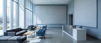 Modern minimalist office lobby with floor-to-ceiling windows, sleek furniture and polished concrete floors for corporate interior design projects.