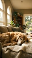 Golden retriever sleeping peacefully on a cozy blanket on a sofa in a warm sunlit living room with green plants and arched windows.