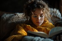 Young woman with curly hair and glasses wearing yellow knit sweater reading book in cozy atmosphere with dramatic moody lighting, relaxing at home.