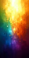 Abstract geometric background with vibrant rainbow gradient from yellow to purple, featuring floating light particles and crystalline shapes in dynamic composition.