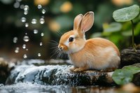 Young orange rabbit sitting on wet rocks near flowing water with green leaves and bokeh lights in natural forest setting for wildlife photography.