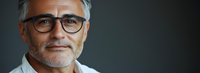 Portrait of mature businessman with gray hair, beard and glasses smiling confidently against dark background, professional corporate headshot style.