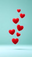 Red hearts floating against mint green background, creating romantic and dreamy atmosphere. Minimal composition for Valentine's day cards and love messages.