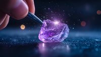 Raw purple amethyst crystal on dark reflective surface with tweezers holding gem, magical sparkles and bokeh lights creating mystical atmosphere.