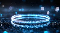 Glowing blue neon ring with sparkles and bokeh effects on dark background creates magical atmosphere for fantasy and technology concepts.