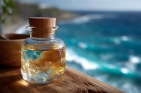 Glass bottle with cork stopper containing golden liquid on wooden surface against blurred ocean waves background, creating serene coastal atmosphere.