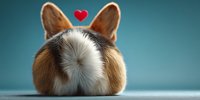 Back view of corgi dog with heart symbol above, showing fluffy bottom and perky ears against teal background. Perfect for pet love concepts.