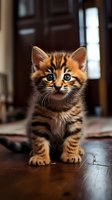 Adorable striped kitten with bright blue eyes standing on wooden floor, looking up with curious expression. Bengal cat baby showing distinctive wild markings and fluffy fur.