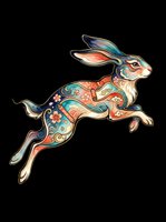 Leaping rabbit with colorful Asian-inspired floral and wave patterns, isolated on transparent background. Great for stickers, t-shirt design, print on demand, and sublimation.