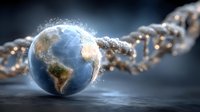 Earth globe connected to DNA strand on dark background, representing genetic science and global biology research.