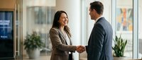 Professional Asian businesswoman and Caucasian businessman shaking hands in modern office lobby, successful partnership meeting and corporate collaboration.