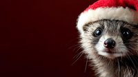 Adorable raccoon wearing red Santa hat against dark background, close-up portrait showing bright eyes and cute nose, festive holiday wildlife concept.