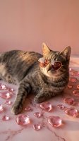 Adorable tabby cat wearing heart-shaped sunglasses surrounded by pink crystal hearts on marble surface for Valentine's Day celebration and love themes.