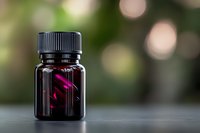 Dark amber glass bottle with pink glowing light effect against blurred natural bokeh background, creating mysterious medical or cosmetic product mood.