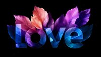 Artistic typography word love with colorful feathers overlay effect on black background, romantic design element with purple, pink and blue gradient colors.