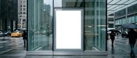 Blank white billboard mockup at modern glass bus stop on busy city street with pedestrians and yellow taxi in urban downtown area.