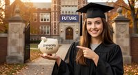 Young Caucasian female graduate in cap and gown pointing at piggy bank labeled University Fund on campus with autumn leaves and brick buildings.