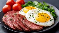 Sliced salami with fried eggs, cherry tomatoes and fresh greens on black plate. High protein breakfast or brunch meal for healthy eating and nutrition.