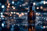 Luxury amber glass dropper bottle on water surface with bokeh lights reflection creating elegant atmosphere for cosmetic and skincare advertising.