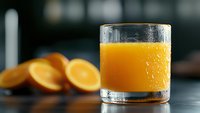 Fresh orange juice with water drops in glass on dark background, sliced citrus fruits. Refreshing natural drink for healthy breakfast.