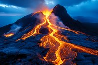 Dramatic volcanic eruption with glowing lava flows streaming down mountain slopes against dark blue stormy sky, creating striking contrast between hot and cold elements.