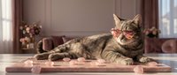Relaxed tabby cat lying on wooden surface in cozy home interior with soft natural lighting and floral decorations in background.