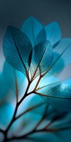 Delicate translucent leaves with intricate vein patterns illuminated against soft blue background creating ethereal botanical composition for nature design projects.