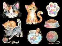 Cute cat and kitten clipart collection with paw print, food bowl, yarn ball and fishbowl. Isolated on transparent background, ready for t-shirts, stickers, print-on-demand and sublimation designs.