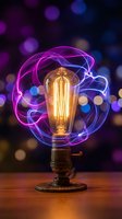 Vintage Edison bulb with swirling purple and blue light trails against colorful bokeh background for creative energy and innovation concepts.