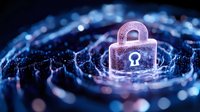 Glowing padlock with omega symbol on digital wave background in blue neon lights, representing cybersecurity and data protection technology concept.