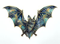 Ornate bat with celestial moon and star patterns in gold, blue, and teal on isolated white background, ready for design projects.