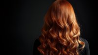 Woman with long wavy copper red hair from behind against dark background. Professional salon hairstyling and hair care concept for beauty treatments.