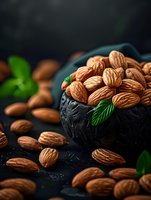 Raw almonds in black textured ceramic bowl with fresh mint leaves on dark background, selective focus with dramatic lighting for food photography and packaging design.