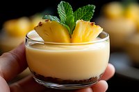 Creamy pineapple dessert in glass with fresh mint garnish and chocolate crumble base, held by hand against dark background. Food photography.
