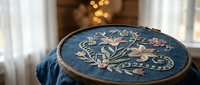 Embroidery hoop with floral botanical design on blue fabric featuring delicate flowers and leaves in colorful threads for crafting and needlework projects.