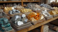 Collection of natural mineral specimens and crystals displayed on wooden shelves, including golden pyrite, quartz clusters, and raw gemstones in various colors and formations.