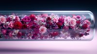 Pink and red roses with delicate flowers preserved in glass tube on purple background, romantic floral composition for wedding decor and special occasions.