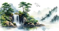 Serene waterfall cascades over rocky cliffs surrounded by pine trees and misty mountains, reflecting in calm waters with flying birds in soft morning light.