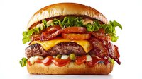 Juicy bacon cheeseburger with crispy strips, melted cheddar, fresh lettuce, tomatoes and sauce on toasted brioche bun, restaurant menu photography.