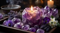 Purple amethyst crystal candle holder with burning flame surrounded by gemstones, lavender, and white flowers creating mystical spa atmosphere for relaxation.