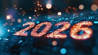 Glowing digital 2026 number formed by light particles against dark technology background with bokeh effect. Futuristic concept for business planning.