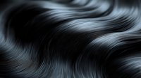Luxurious black wavy hair texture in close-up macro shot showing glossy, silky strands with natural shine and flowing curves against dark background.