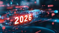 Glowing number 2026 in digital tunnel with blue and red light streaks, representing future technology and digital transformation.